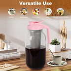Cold Brew Coffee Maker，64 oz Wide Mouth Mason Jar Pitcher with Stainless Steel Filter, Pour Spout Handle Lid, Heavy Duty Glass Airtight & Leak-Proof for Iced Coffee & Tea Lemonade-Pink