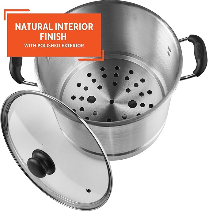 IMUSA USA MEXICANA-410 Aluminum Steamer with Glass Lid 10-Quart, Silver, 10Qt