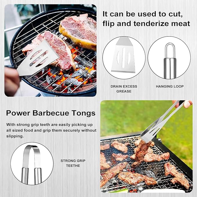 BBQ Grill Tool Set, 7 Pcs Stainless Steel Barbeque Grilling Tool Set, Includes a Spatula/Fork/Pair of Tongs, and 4 Corn skewers, BBQ Tools for Backyard Outdoor Kitchen