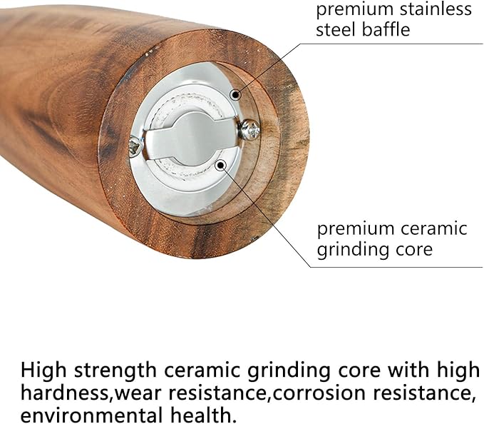 Wooden Pepper Grinder Pepper Mill with Adjustable Coarseness Pepper Grinder Refillable Salt Pepper Grinder Shaker Tableware Gifts Acacia Wood Salt Mill 10 Inch