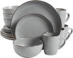 Gibson Home Rockaway 16-Piece Round Stoneware Dinnerware Set, Service for 4 – Grey with Gold Rim Plates and Bowls, Microwave & Dishwasher Safe