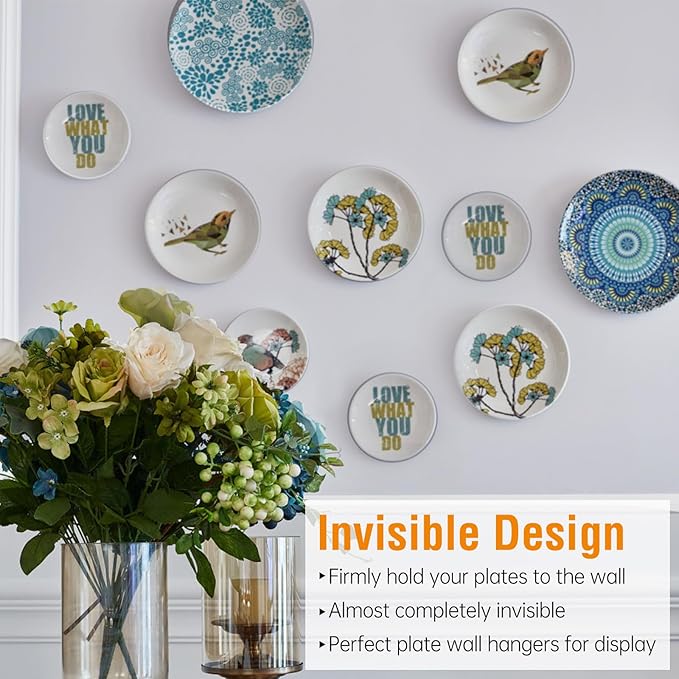 Bilillo 20 pcs Plate Hangers for The Wall, 4/6/8/10 Inch Invisible Decorative Wall Plates Hangers, Stainless Steel Plate Wall Holders for Display Various Sizes with Hooks for Decorative Silver