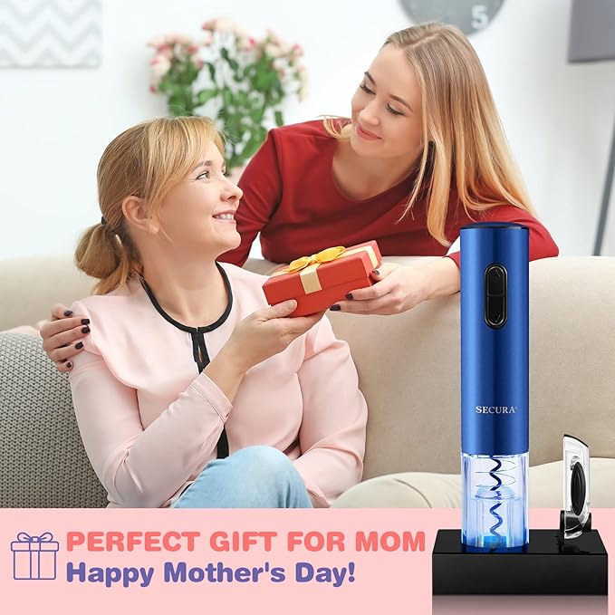 Secura Electric Wine Opener, Automatic Electric Wine Bottle Corkscrew Opener with Foil Cutter, Rechargeable (Blue)