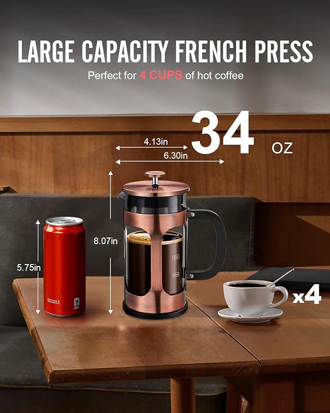 BAYKA 34oz 1 Liter French Press Coffee Maker, Christmas Coffee Lover Gifts Basket Set, Heat Resistant Thickened Borosilicate Glass Stainless Steel Brewer, Cold Brew Cafetera Teapot for Kitchen, Copper