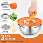 BEWOS Mixing Bowls with Lids Set - 5 Pcs Stainless Steel Mixing Bowls With 3 Grater Attachments, Size 4.5, 4, 3.5, 2.1, 1.5QT Metal Bowls for Baking and Serving (Colored)