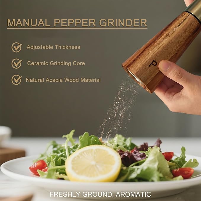 Salt and Pepper Grinder Set Gold Manual Pepper Grinder with Wooden Base, Adjustable Coarseness Refillable Ceramic Blade Grinding Enjoy Fresh Ground Pepper Salts with Spices, 2pcs-7in(7IN-Golden Wood)