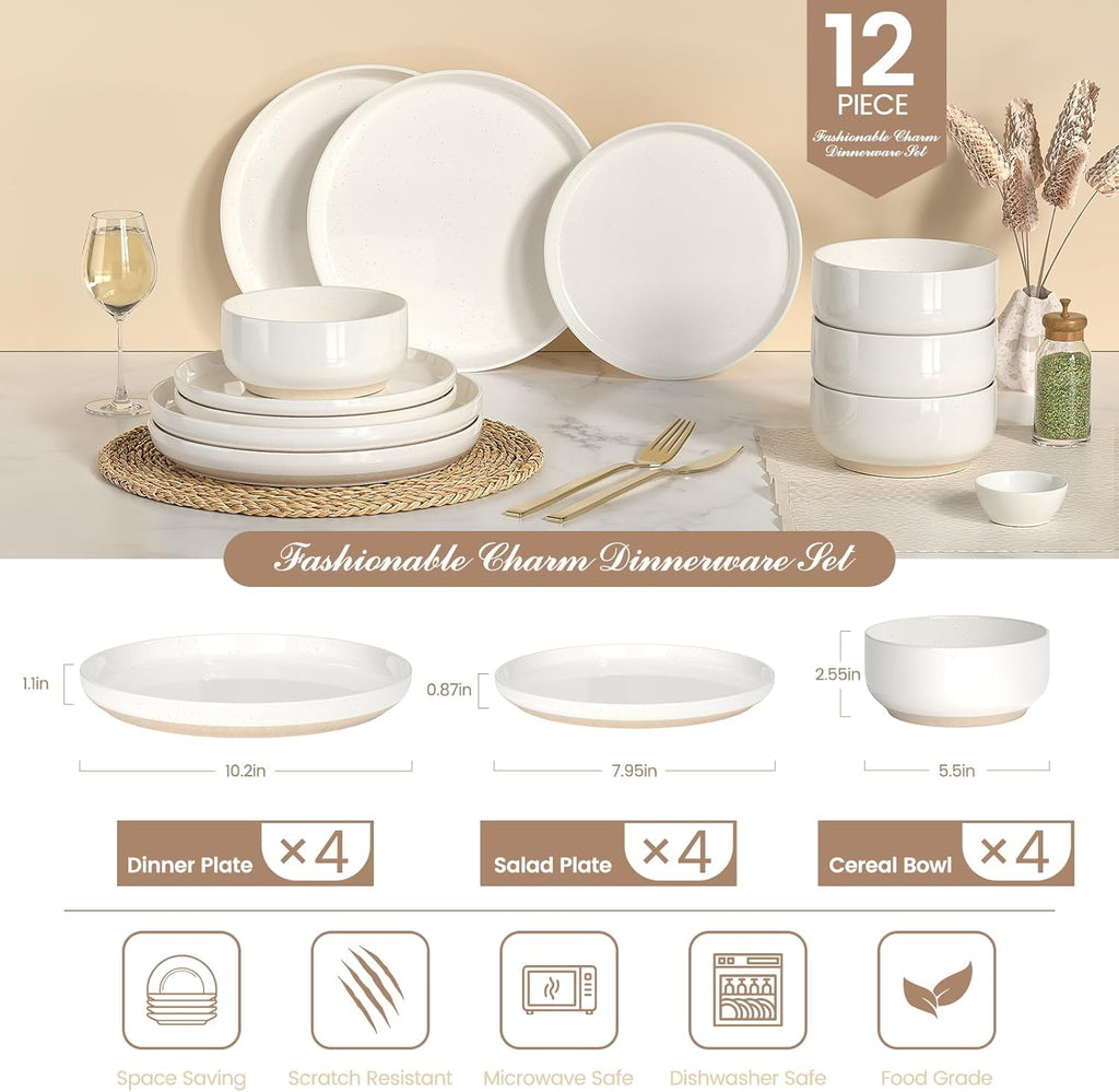 Umite Chef 12 Piece Ceramic Dinnerware Set for 4 – Cream White Plates & Bowls