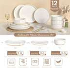 Umite Chef 12 Piece Ceramic Dinnerware Set for 4 – Cream White Plates & Bowls