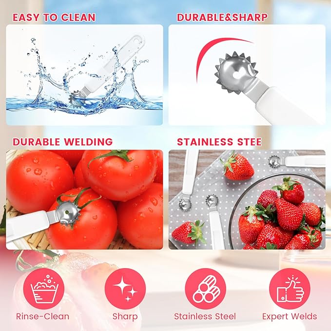 5 Pcs Tomato Corer Tool Strawberry Huller Stem Remover, Handle with hole, Stainless Steel, Fruit Corer Tool for Tomato Strawberry (White)