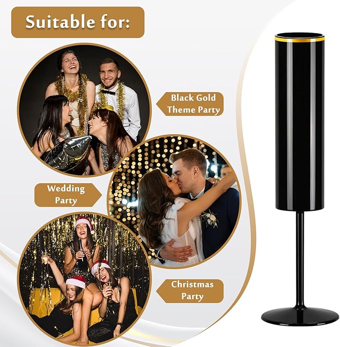 12 Pack Champagne Flute Acrylic 5.4 Oz Black Champagne Flutes Gold Rim Disposable Champagne Glasses Wedding Toasting Glasses Reusable Square Stemmed Wine Glasses for Wedding Christmas Halloween