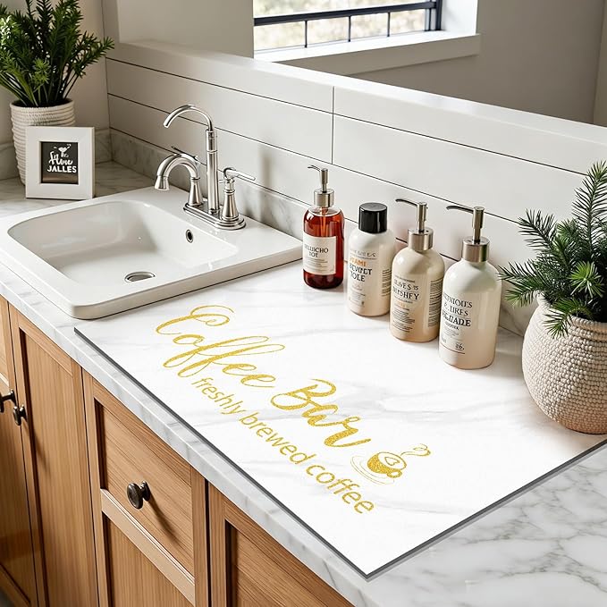 Findosom Dish Drying Mat, 16"x 24" Super Absorbent & Hide Stain Coffee Mat, Cuttable Drying Mat for Kitchen Counter, Coffee Bar Accessories, Under Dish Rack, Coffee Maker, Espresso Machine, White