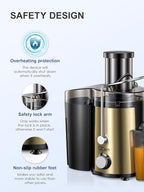 Juicer Machine, 800W Centrifugal Juicer Extractor with Wide Mouth 3” Feed Chute for Fruit Vegetable, Easy to Clean, Stainless Steel, BPA-free (Gold)