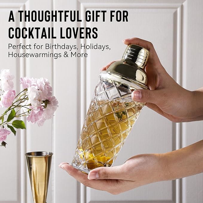 Glass Cocktail Shaker Set with Built-in Strainer – 16oz Thickened Pineapple Glass Gold Shaker Set, Gold Jigger & Bar Spoon with Muddler for Home Bar/Trolley Décor/Margaritas/Martinis