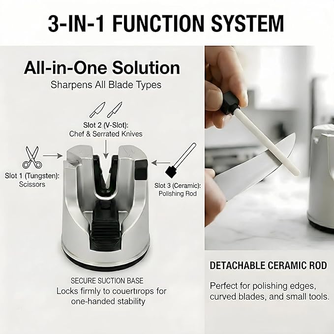 Knife Sharpener for Kitchen Knives, 3-Stage Suction Cup Sharpening Tool for Straight and Serrated Blades, Scissors Sharpener with Auto-Adjust Angle, Safe One-Handed Chef Knife Accessories