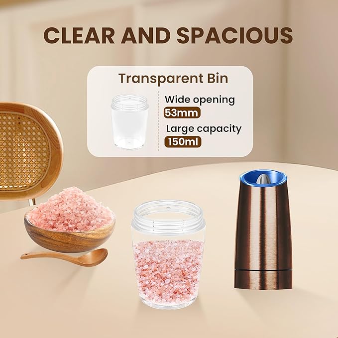 Gravity Electric Salt And Pepper Grinder Set, Automatic Salt And Pepper Grinder Set, Battery Powered (6 AAA Batteries Each), Adjustable Roughness, LED Light, 2 Pack, (Copper)