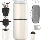 HAUSHOF Portable Coffee Maker, Travel Coffee Maker Battery Operated Small Pour Over Set, Compact Coffee Maker with Electric Grinder & Insulated Mug for Travel, Camping, Car