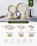 Famiware Star 12-Piece Stoneware Dinnerware Sets with Trim, Service for 4, Ceramic Plates and Bowls Set, Modern Rustic Dishes, Everyday/Formal, Chip/Scratch Resistant, Microwave/Dishwasher Safe, Cream