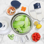 Rorence 3 in 1 Stainless Steel Pump Salad Spinner Food Chopper Set: Large Collapsible Lettuce Spinner, Chopper for Vegetable Slicer and Dicer, 5 QT Mixing Bowl with 5 Graters