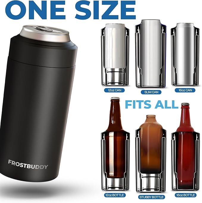 Frost Buddy Universal Can Cooler - Fits All - For Regular 12 & 16 oz or Slim-Size Bottles - Insulated Double-Walled Stainless Steel (Navy)