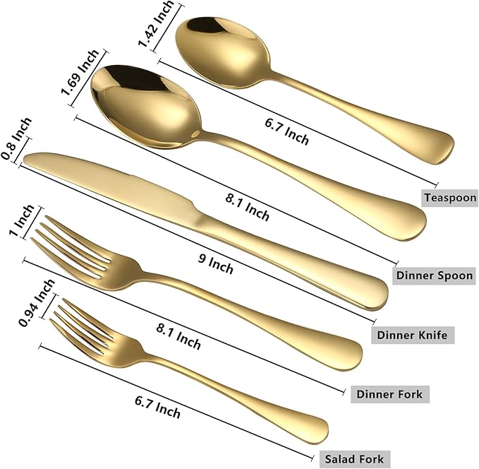 Briout Gold Silverware Set, 20 Piece Golden Cutlery Set Service for 4, Stainless Steel Flatware Set Include Spoons Forks Knives Tableware Utensil Set for Kitchen Home Restaurant, Shiny Gold Polished