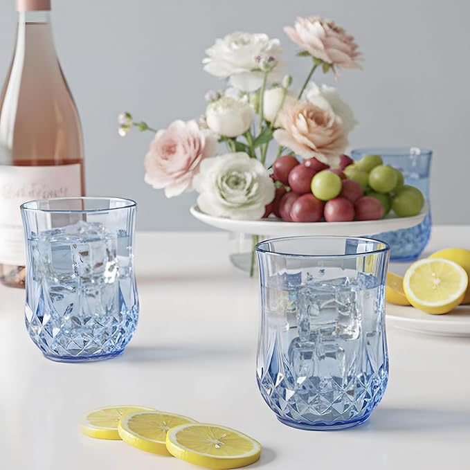 24 Pack Plastic Stemless Wine Glasses,12oz Unbreakable Vintage Elegant Drinking Glass Set,Reusable Fancy Cocktail Cups for Party, Wedding, and Bulk Events (24, 12oz-Blue)