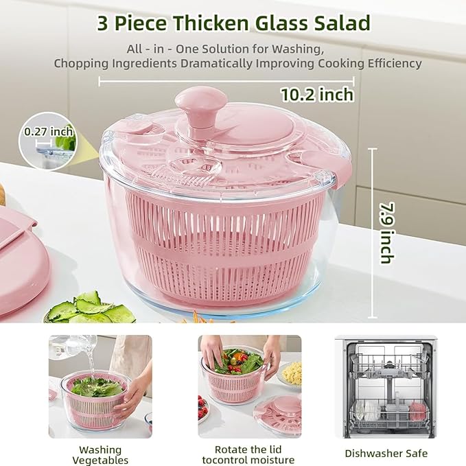 Good Grips Large 5.2 Qt Glass Salad Spinner Vegetable Dryer with Drain Dishwasher Safe with Transparent Lid Crank Handle Quick Spin Greens Washer for Lettuce Herbs Fruits Pink