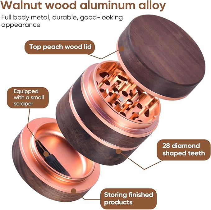 2.5" Manual Spice Grinder, Walnut Wood & Aluminum Seasoning Mill for Dry Spices, Compact Handheld Kitchen Tool (Wood Color)