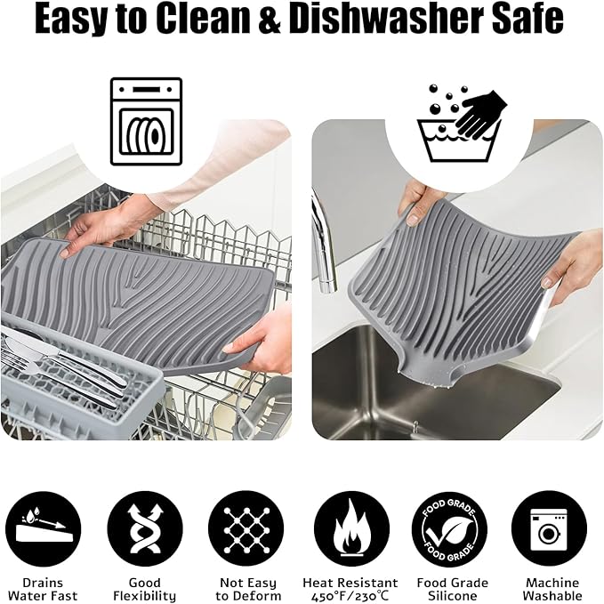 TIKNIK Silicone Dish Drying Mat, Stone Drying Mat for Kitchen Counter with Built-In Drain, Non-Slip Drain Pad with Built-in Drain, Heat Resistant Stone Drying Mat, Hangable, Grey-2pcs, 20" x 15"