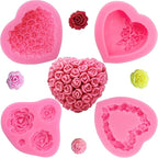 4 Pcs 3D Rose Flower Silicone Molds Mother's Day Fondant Mold Wedding Fondant Cake Molds Heart Candy Silicone Molds Chocolate Mould for Cake Topper Polymer Clay Soap Wax Making Party Supplies