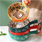 Ceramic Baking Pan, Forest Animals Pattern Tableware With Handle Salad Bowl Au Gratin Dish(Bear round)