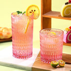 Loivttvv Glassware Drinking Glasses Set of 8, 14 oz Highball Glasses & 10 oz Ribbed Glass Cups, Vintage Glassware for Water, Juice, Cocktail, Whiskey (Pink)