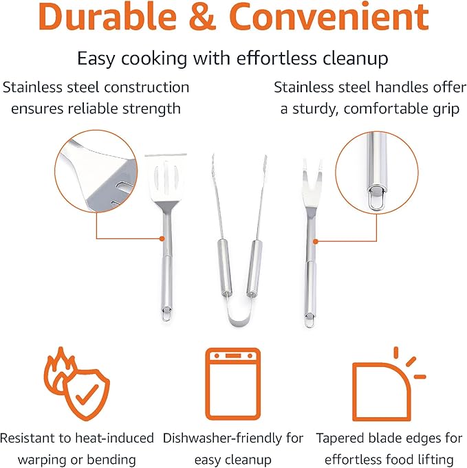 Amazon Basics 4-Piece Stainless Steel BBQ Grilling Tool Set with Carry Bag, Rust-Resistant, Dishwasher Safe