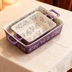 Domini Casserole Dishes for Oven, Ceramic Baking Dishes for Oven Set of 2, Lasagna Pan Deep, Baking Pan Set Square Casserole Dish Set with Handles for Baking, Pattern Purple(11.4+8.5inch)