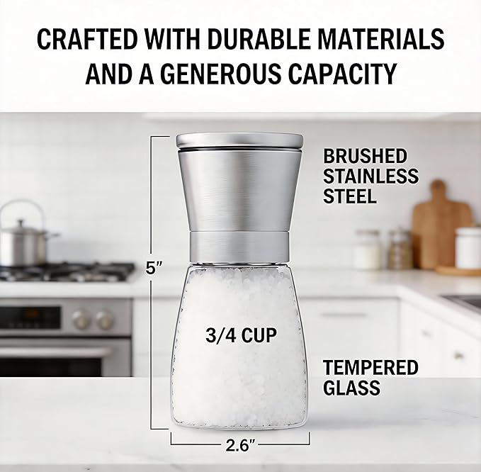 Gorgeous Salt & Pepper Grinder Set — Refillable Stainless Steel & Glass Spice Mill with Adjustable Coarseness — Perfect For Himalayan Or Sea Salts, Fresh Ground Pepper, Or Fresh Spices (1 Pack)