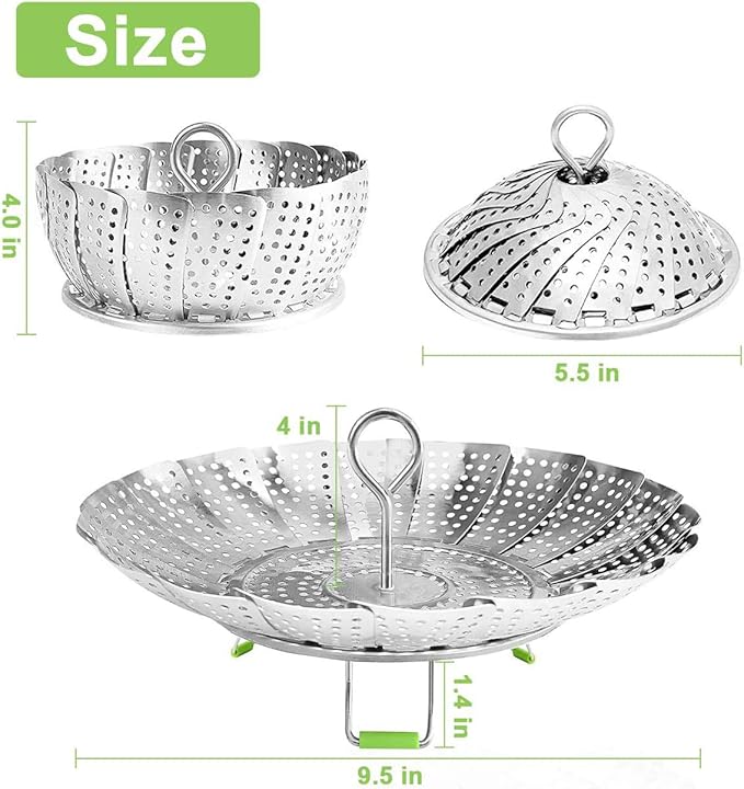 Stainless Steel Steamer Basket, Vegetable Steamer Basket for Instant Pot, Insert for Veggie/Seafood Cooking/Boiled Eggs with Safety Tool - Adjustable Sizes to fit Various Pots (5.1" to 9.5")