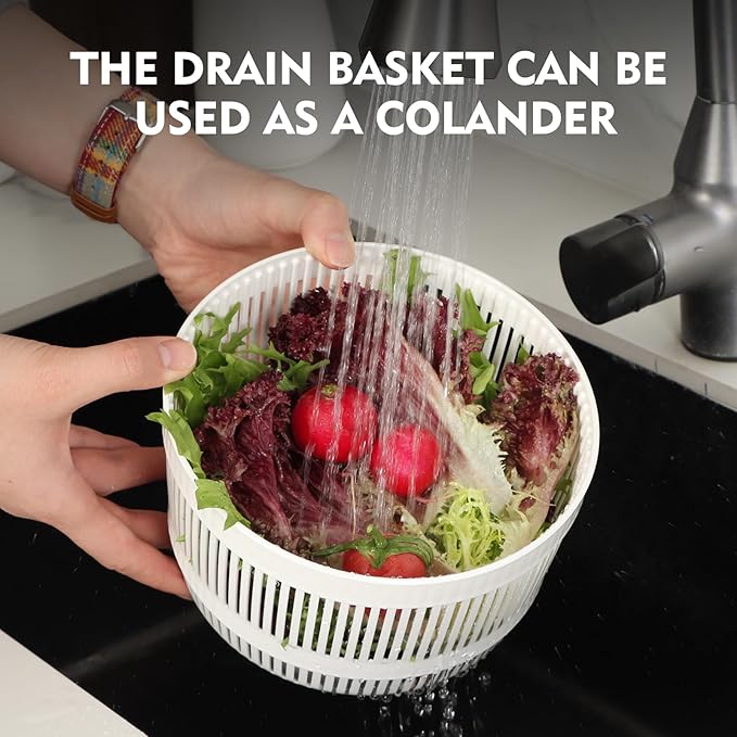 Ourokhome Salad Spinner Lettuce Dryer, Hand-crank Rotary Vegetable Dryer Veggie Washer with Transparent Bowl and Colander for Greens, Herb, Berry, Fruits, Macaroni, 2.8 QT, White