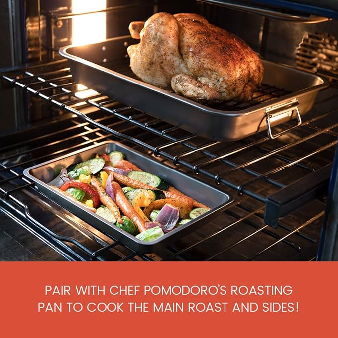 Chef Pomodoro Nonstick Carbon Steel Small Roasting Pan with Rack, Roasting Pan for Countertop Oven Baking, Single Serving, Grey (Mini)