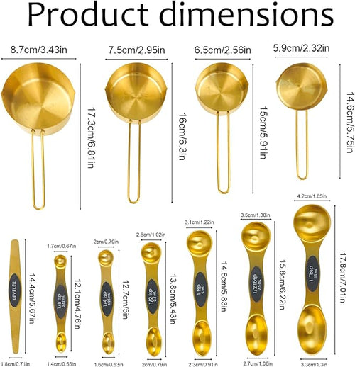 11 pcs Gold Measuring Cups and Spoons Set,Includes 4pcs Measuring Cups And 6pcs Magnetic Measuring Spoons & 1 Leveler,Stainless Steel is Ideal for Measuring Liquids And Dry Ingredients