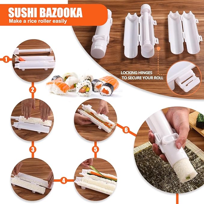 SmileTools Sushi Making Kit, Sushi Roller, Sushi Bazooka, Sushi Maker, Bamboo Sushi Rolling Mat For Beginners (White)