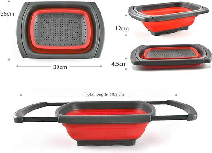 Over the Sink Collapsible Colander Strainer (5 Quart) with Extendable Handles, BPA Free Silicone Kitchen Strainer for Vegetables, Fruit & Pasta, Foldable Sink Colander Basket (1pc red)