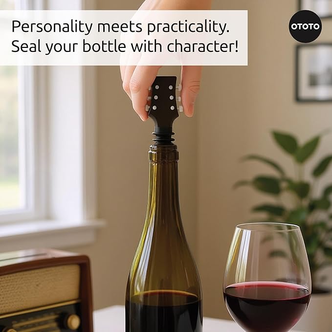 OTOTO Cork n' Roll Wine Stoppers – Set of 2, Bass & Guitar Shaped, Fun and Functional Wine Bottle Corks