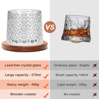 Rotatable Old Fashioned Glass Cup, 10oz/275ml Crystal Whiskey Glass, Wood Coaster, Thickening, Used as Rum Glass, Cocktail Cup, Coffee, Milk to Relax and Reduce Stress, Ideal Gift, Christmas gifts