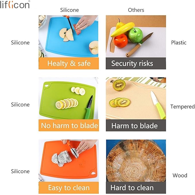 Liflicon Silicone Thick Cutting Boards Mats Set of 3pcs Foldable & Flexible Design Juice Grooves Easy Grip Handle Dishwasher Safe for Kitchen,BPA free Chif-Orange