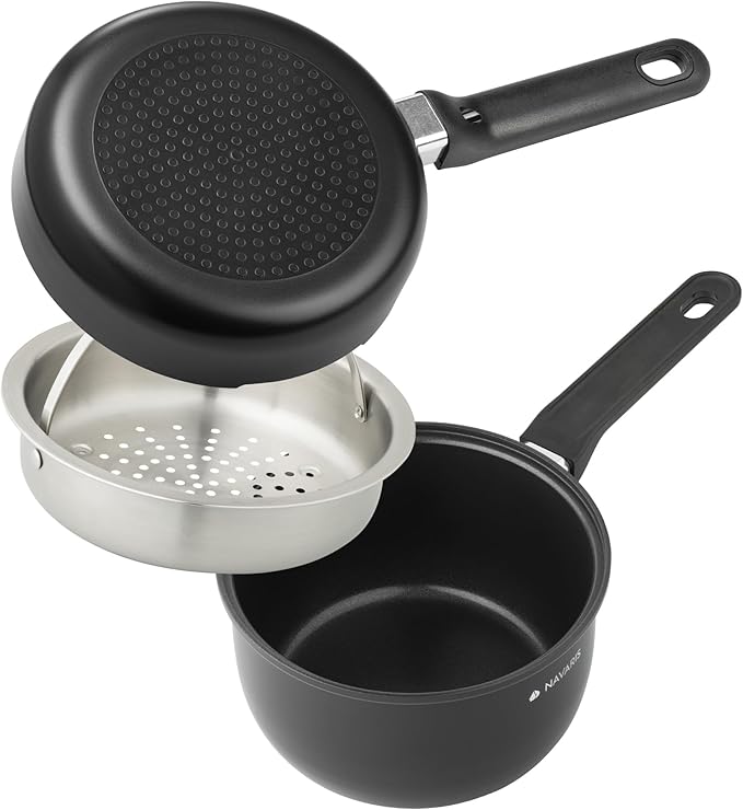 Navaris All in One Frying Pan Set - Ceramic Non Stick Cooking Pan & Small Saucepan with Lid & Stainless Steel Steamer Basket - Cookware Steam Pot & Saucepans - Set of 3