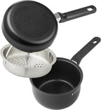 Navaris All in One Frying Pan Set - Ceramic Non Stick Cooking Pan & Small Saucepan with Lid & Stainless Steel Steamer Basket - Cookware Steam Pot & Saucepans - Set of 3