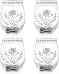 Joeyan Hand Blown Etched Stemless Wine Glasses,Carved Red and White Wine Tumbler with Floral Pattern,Clear Drinking Glass Cups,Glassware for Birthday Party Anniversary,19 oz,Set of 4,Dishwasher Safe
