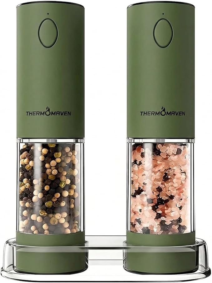 ThermoMaven Electric Salt and Pepper Grinder Set, 110ml Larger Rechargeable Automatic Salt and Pepper Mill Grinder with 6 Adjustable Coarseness, Electric Salt and Pepper Shakers, LED, Matcha
