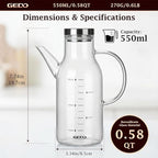 GEDO Borosilicate Glass Oil Dispenser, Eagle Beak Drip-Free Spout with Airtight Stainless Steel Lid, Measurement Markings & Ergonomic Handle, Multi-Purpose for Kitchen & Outdoor Picnic (0.58QT/550ml)