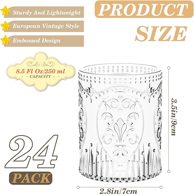 Qinyoung 24 Plastic Vintage Drinking Glasses 8.5oz Stemless Retro Embossed Wine Glasses Shatterproof Reusable Cups for Baby Shower Wedding Reception Grand Event Party (Clear)