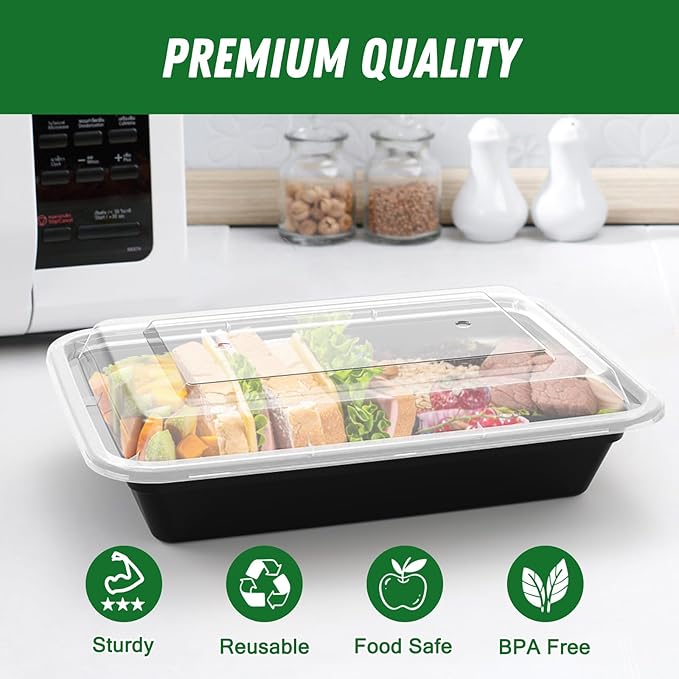 50 Pack (100-Piece) 28 oz Meal Prep Containers Reusable with Lids, Sturdy Leakproof & Food Safe, Microwave, Freezer, Dishwasher Safe Prep Containers, To Go Take Out Plastic Food Storage